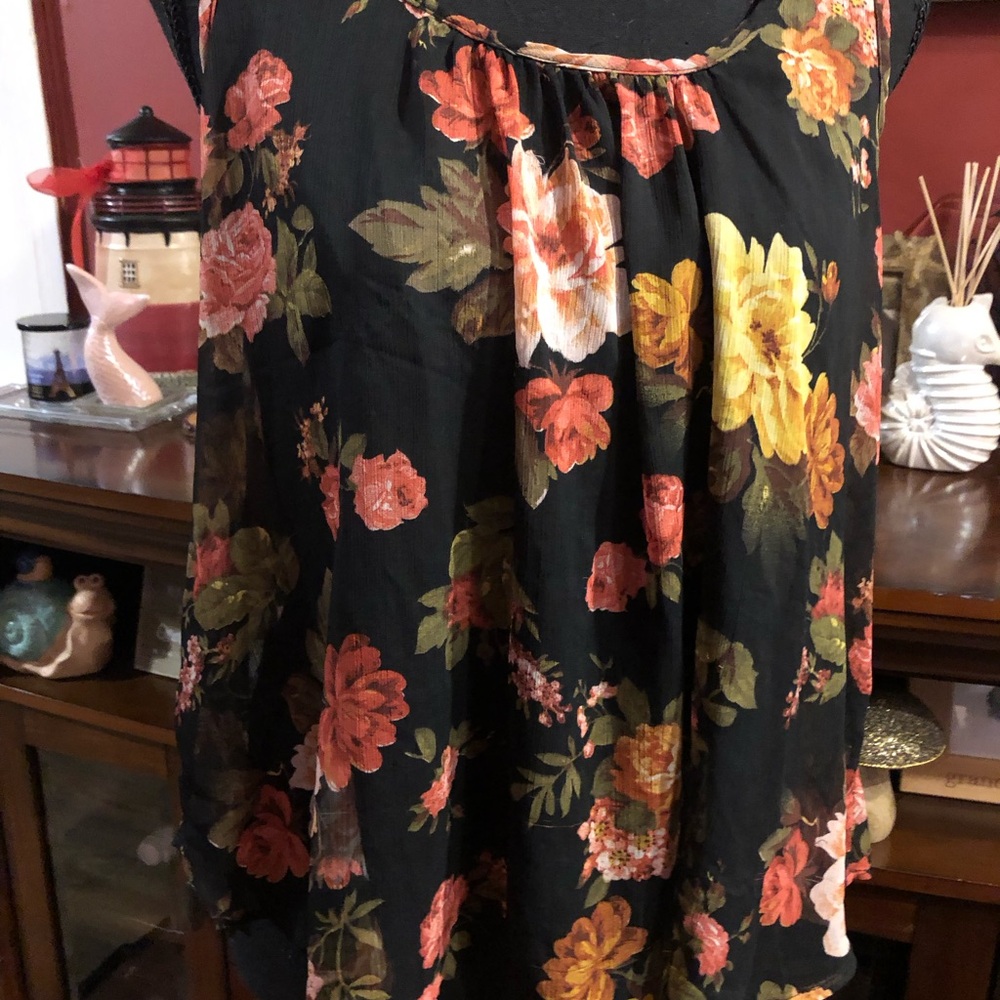 Black Floral Sleeveless camisole top with Coral and Yellow Blooms